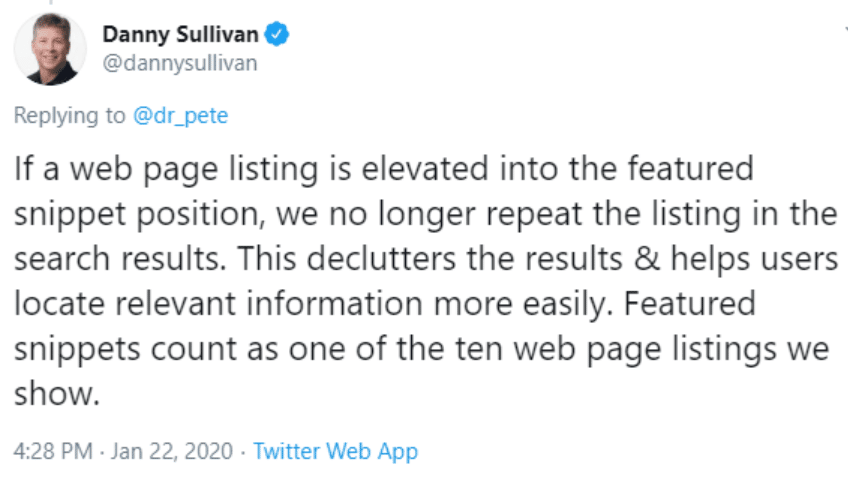 tweet from Google: change in policy for featured snippets