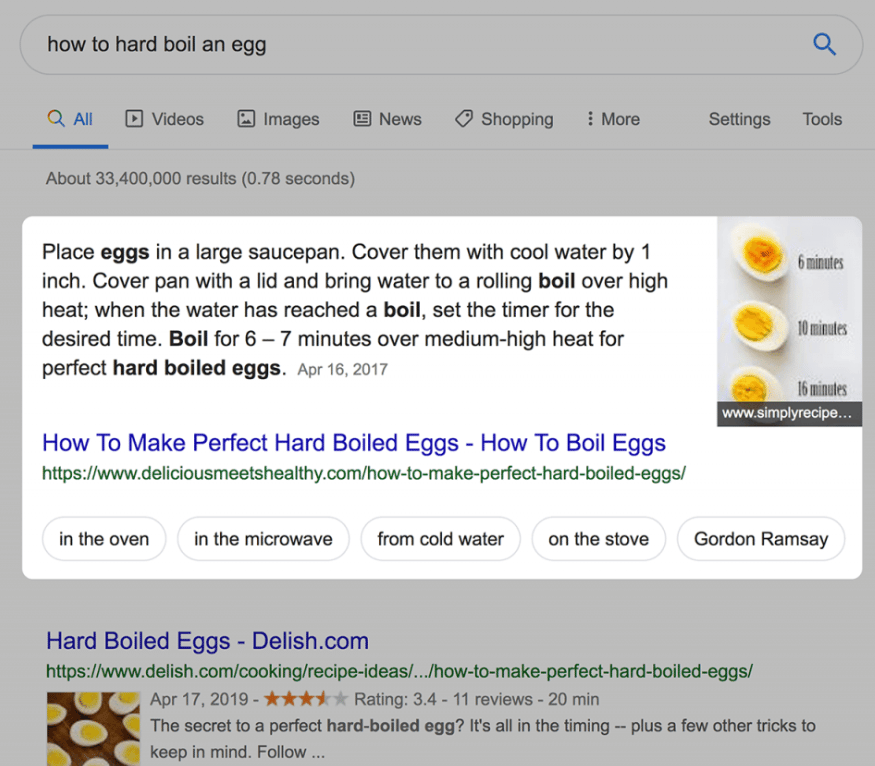 how to boil an egg featured snippet